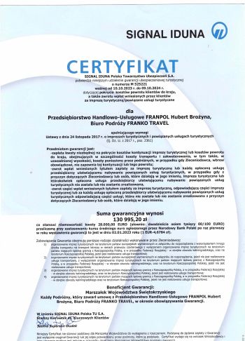 Certyfikat bezpieczeństwa FrankoTravel Biuro Podróży